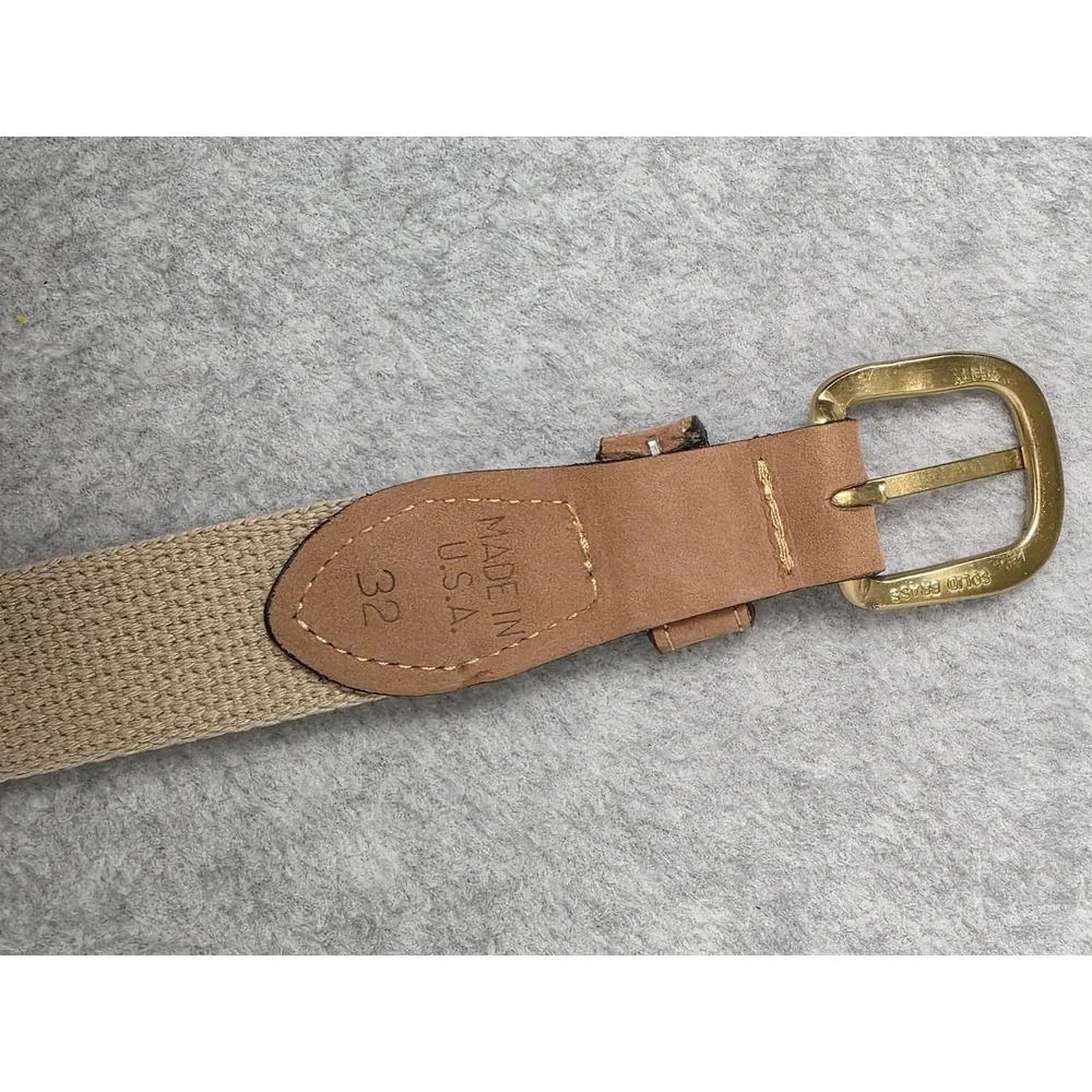 Zeppelin Belt Mens 32 Tan Canvas Leather Brass Buckle Nautical Flag Made USA‎